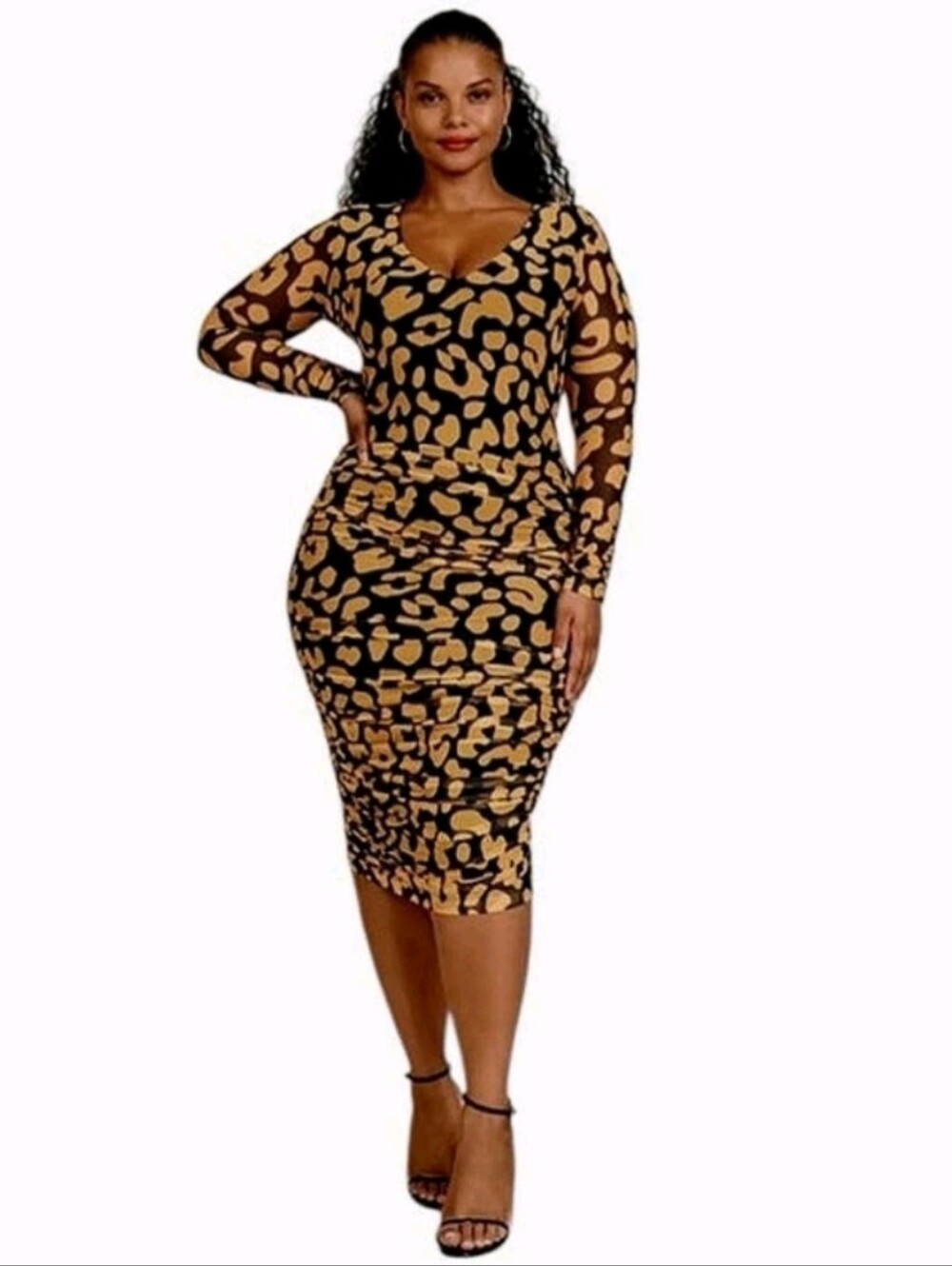 11 Honore Iris Ruch Mesh Long Sleeve Bodycon Dress Size 0 Animal Print Yellow